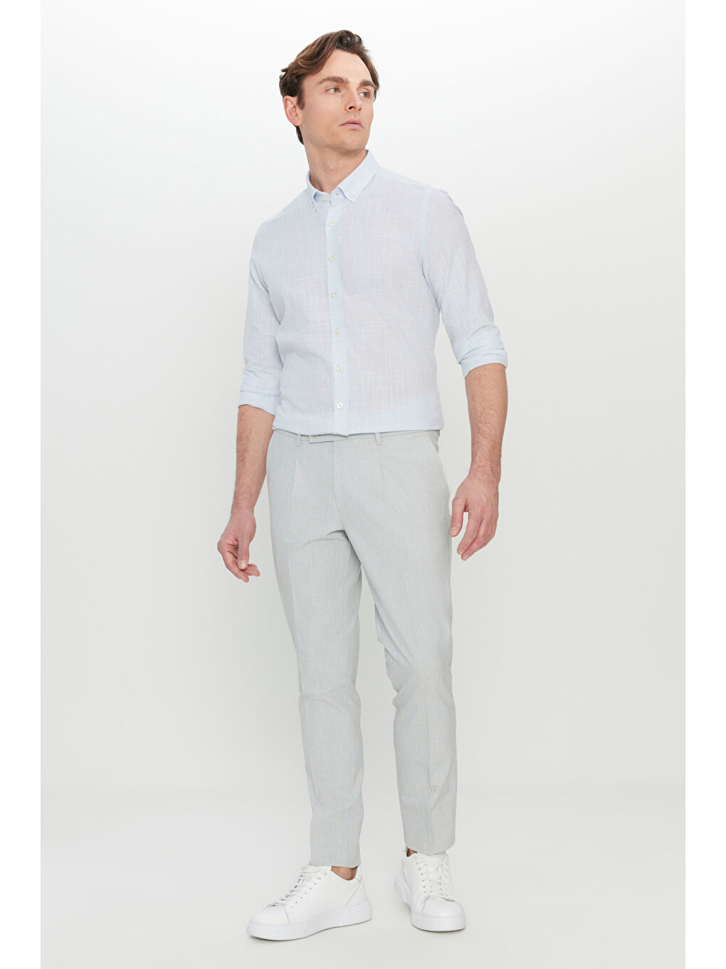 Erkek Gri Comfort Fit Rahat Kesim Yan Cepli Desenli Beli Lastikli Pantolon-1