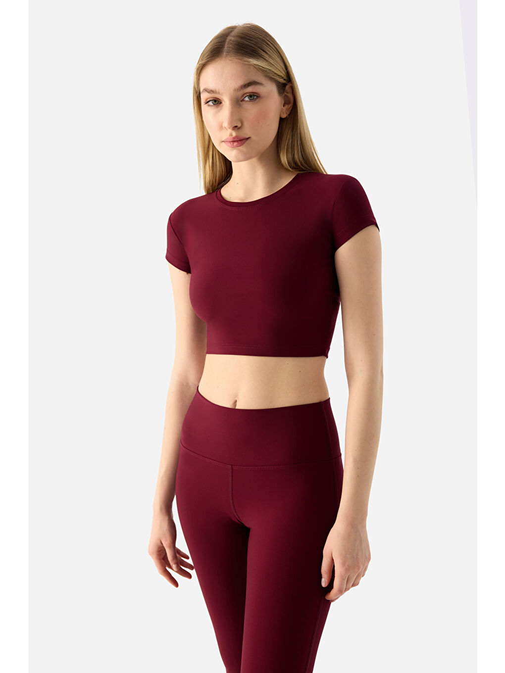 Bordo Melina Kısa Kol Vişne Crop Top-1