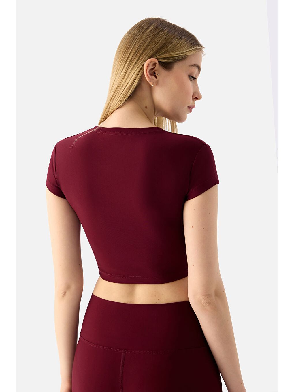 Bordo Melina Kısa Kol Vişne Crop Top-2