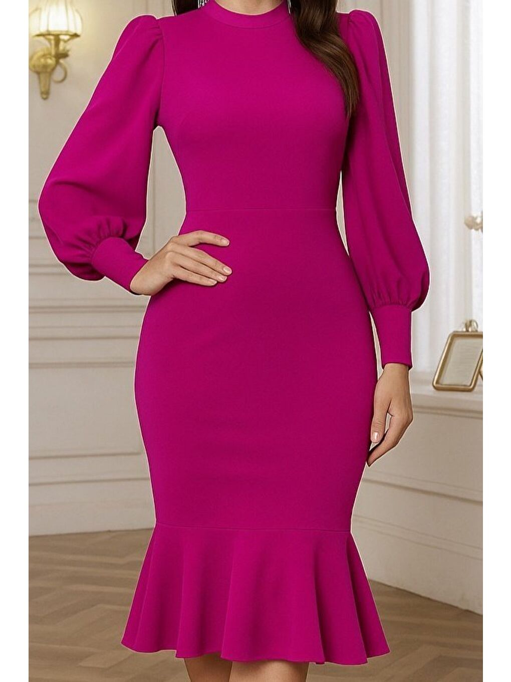 Mor Kadın Uzun Kollu Yarı Balıkçı Yaka Etek Ucu Fırfır Detaylı Midi Ithal Krep Elbise-1