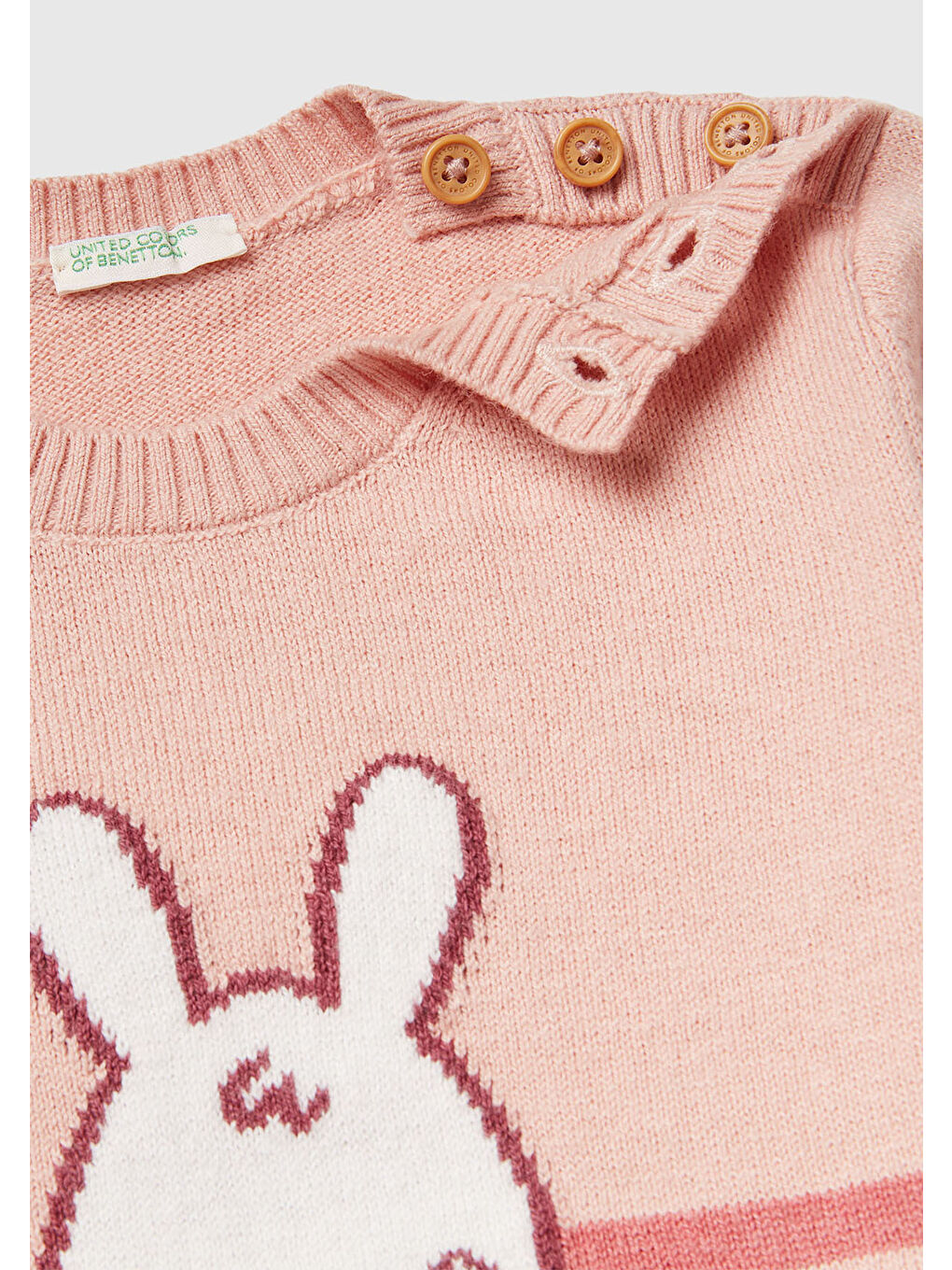 Bebek Toz Pembe Çizgili Tavşan İşlemeli Düğme Detaylı Bisiklet Yaka Kazak-2