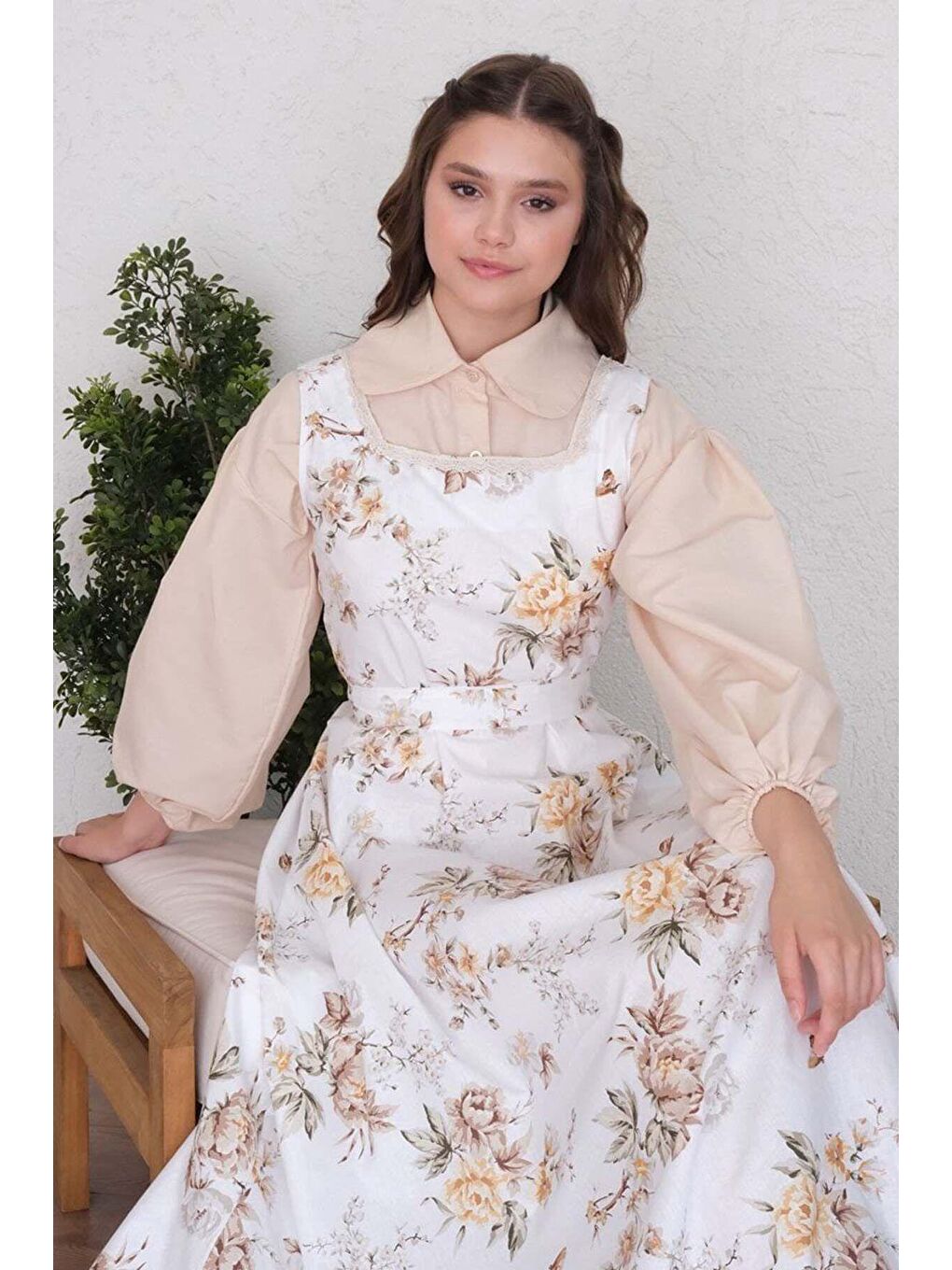 Ekru Krem Bebe Yaka Crop Gömlek & Çiçekli Kare Yaka Jile-5