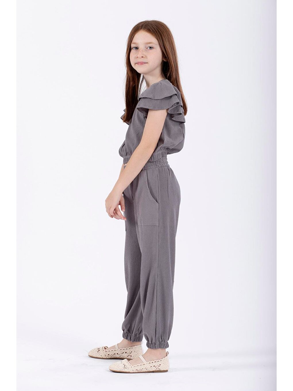 Bisiklet Yaka Paca Lastikli Gri Renk Kız Çocuk İkili Takım-1