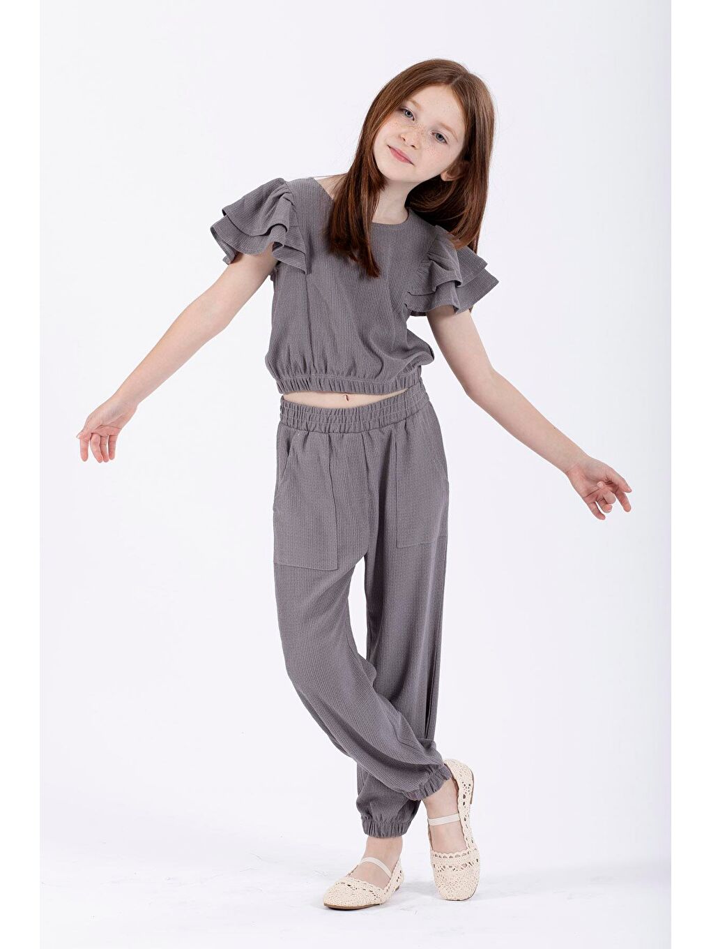 Bisiklet Yaka Paca Lastikli Gri Renk Kız Çocuk İkili Takım-2