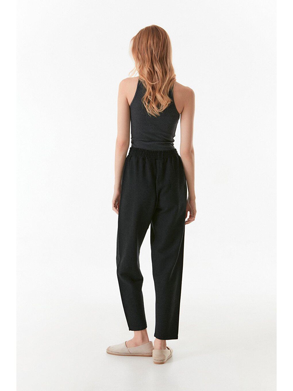 Siyah Beli Bağcıklı Keten Pantolon-3