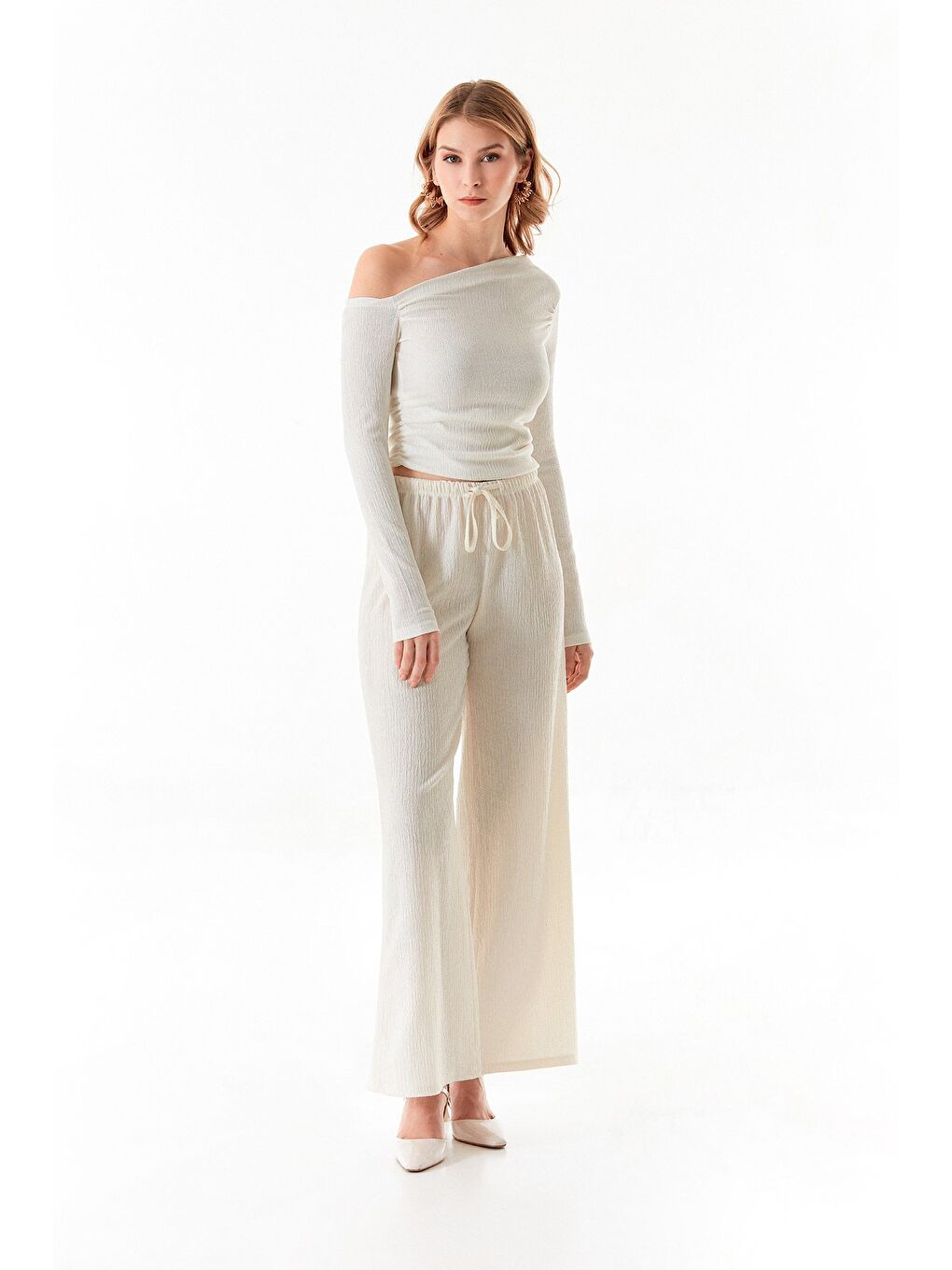 Ekru Beli Lastikli Bürümcük Kumaş Palazzo Pantolon-4