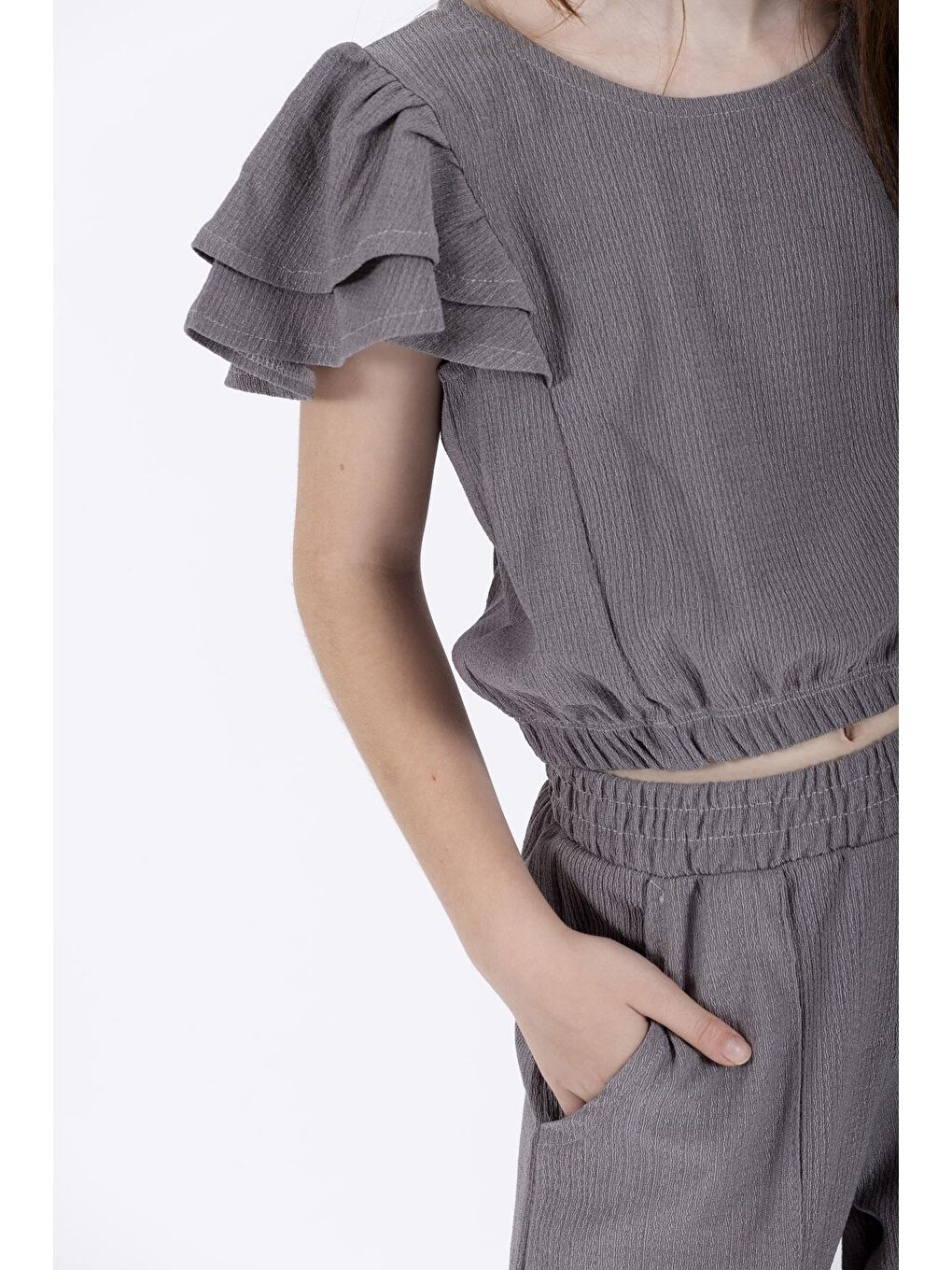 Bisiklet Yaka Paca Lastikli Gri Renk Kız Çocuk İkili Takım-4