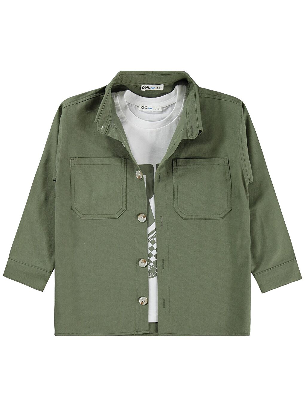 Boys Çift Cepli Tişörtlü 6-9 Yaş Gömlek - Haki