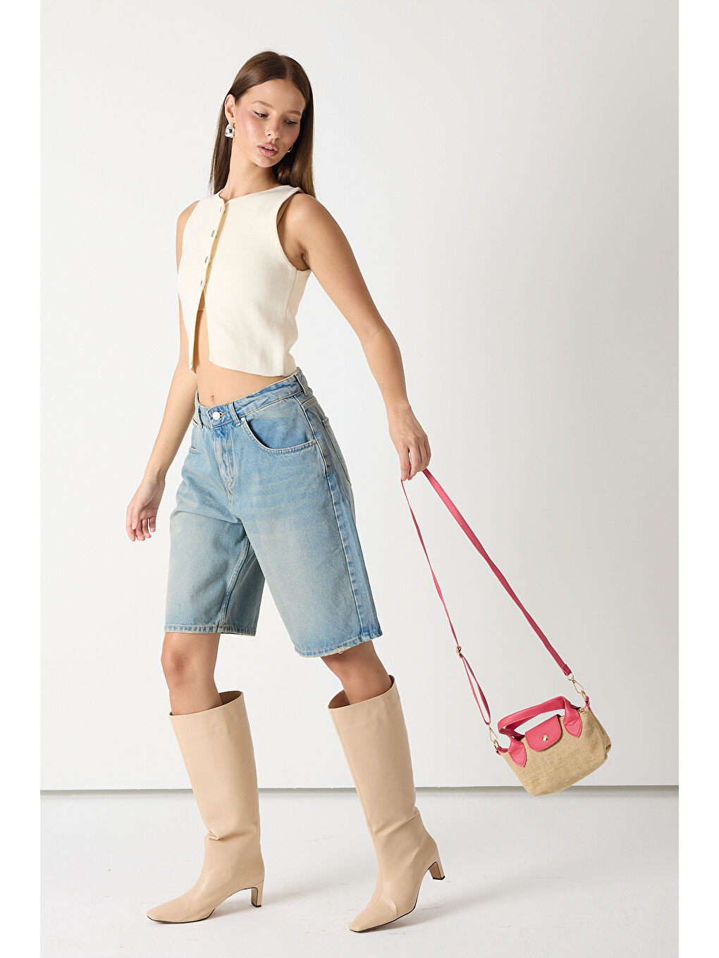 Kadın Fuşya Mini Boy Askılı Hasır El ve Çapraz Çanta-2