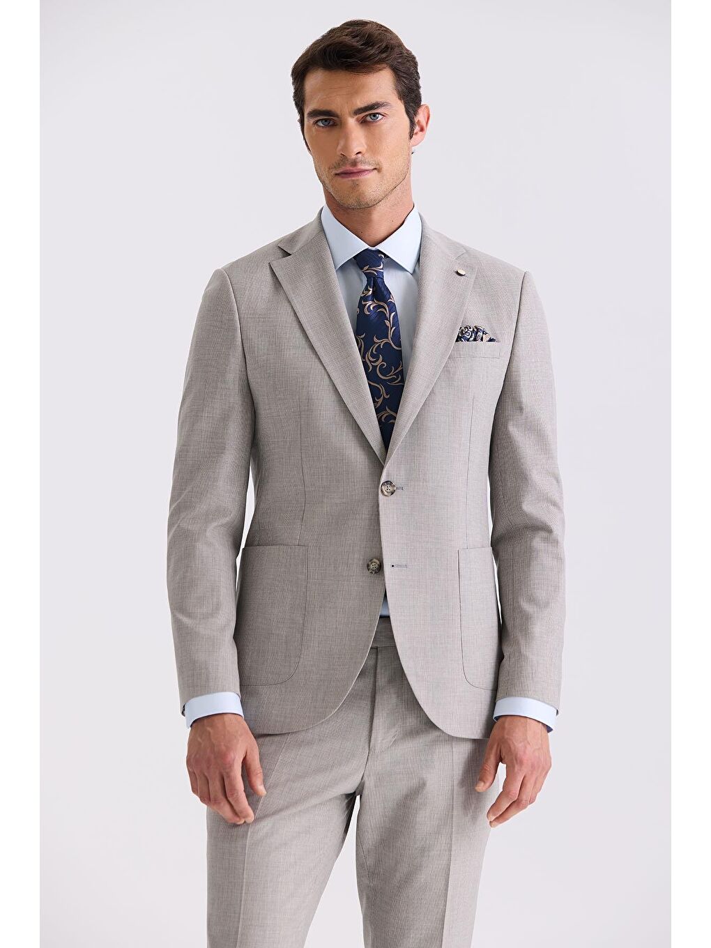 Bej Taş Slim Fit Mono Yaka Yünlü Takım Elbise-1