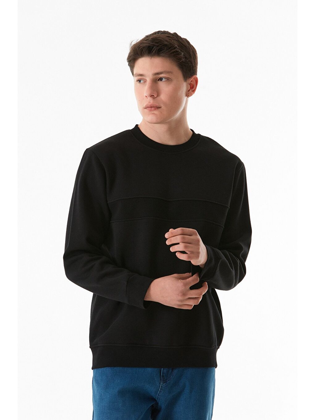 Siyah 3 İplik Basic Beli Lastikli Bisiklet Yaka Sweatshirt