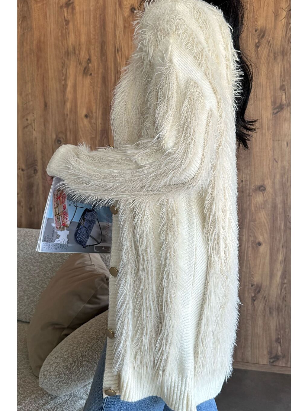 Ekru Kadın Sakallı Triko Hırka-2