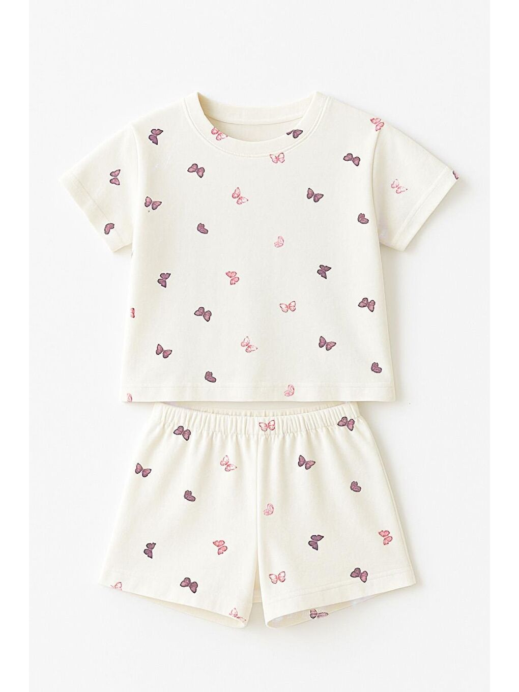 Beyaz Kız Çocuk %100 Pamuk Kelebek Desenli Şortlu Takım (3-4 Yaş 8-9 Yaş)-1