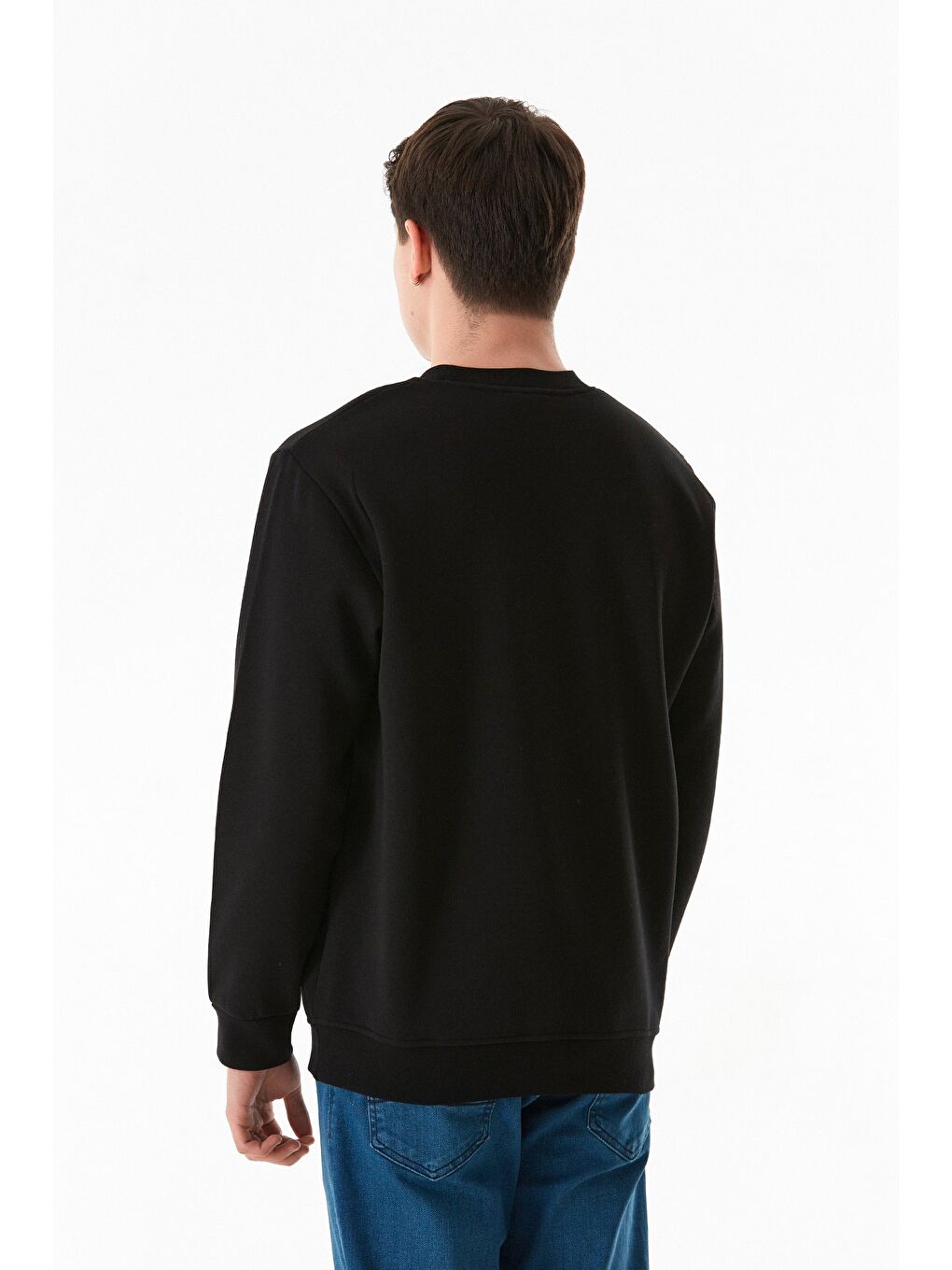 Siyah 3 İplik Basic Beli Lastikli Bisiklet Yaka Sweatshirt-2