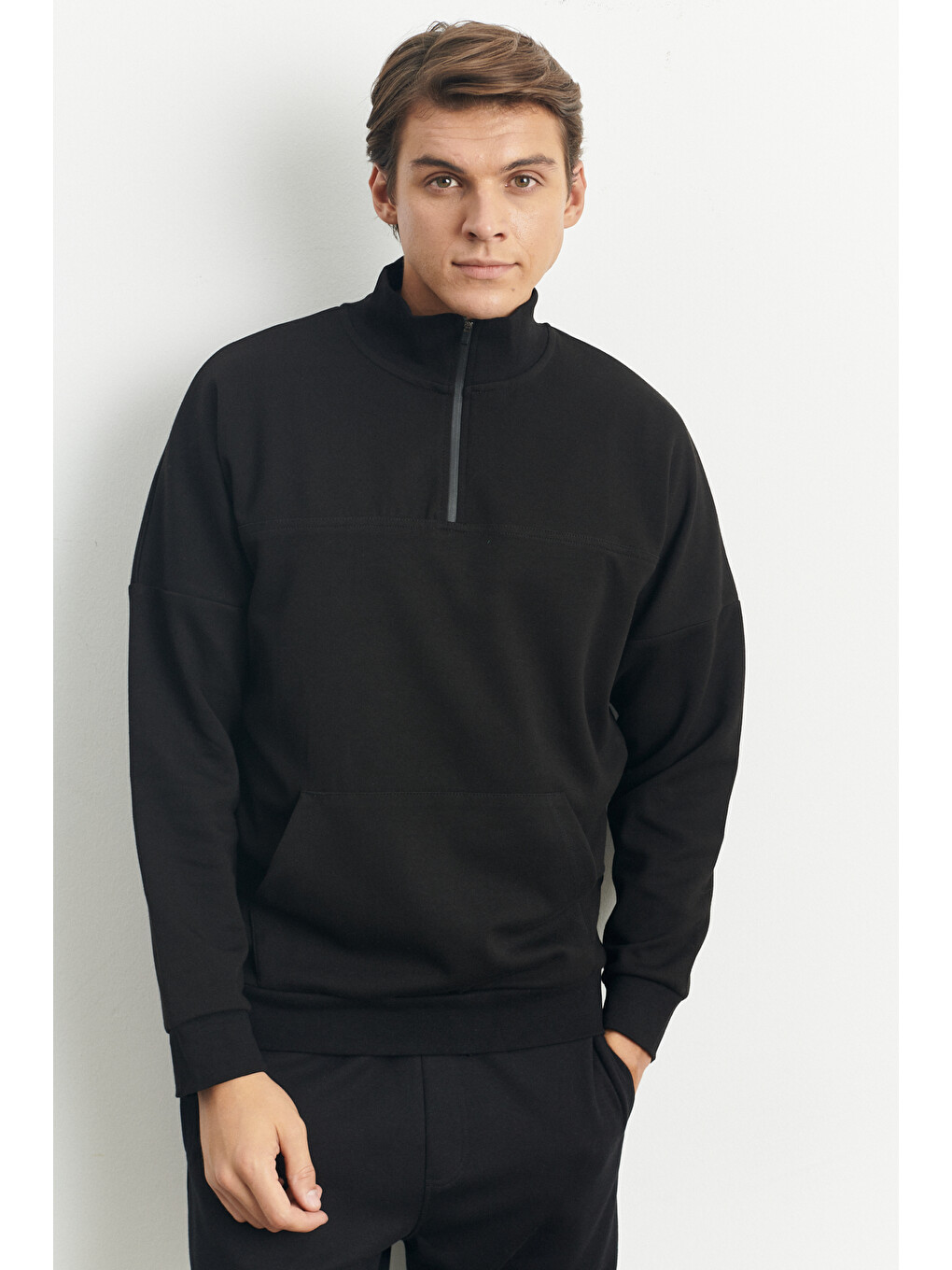 Erkek Siyah Standart Fit Normal Kesim Bato Yaka Fermuarlı Kanguru Cepli Sweatshirt-4