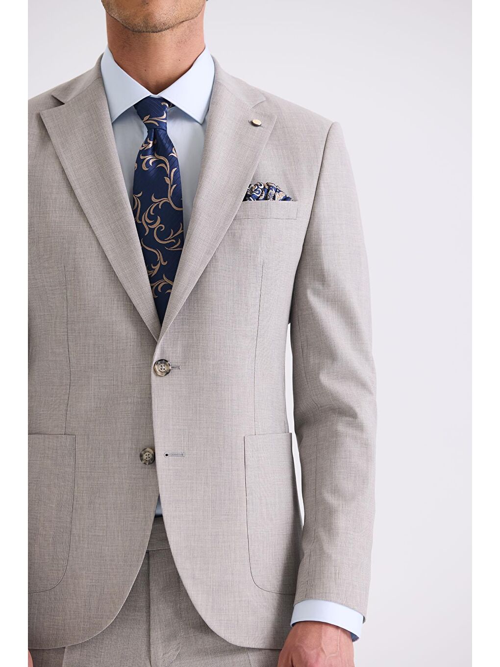 Bej Taş Slim Fit Mono Yaka Yünlü Takım Elbise-2