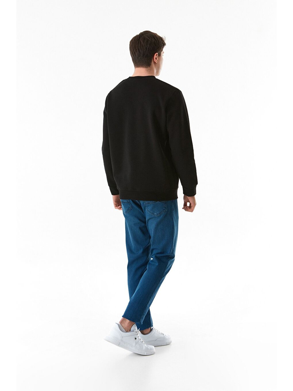 Siyah 3 İplik Basic Beli Lastikli Bisiklet Yaka Sweatshirt-3