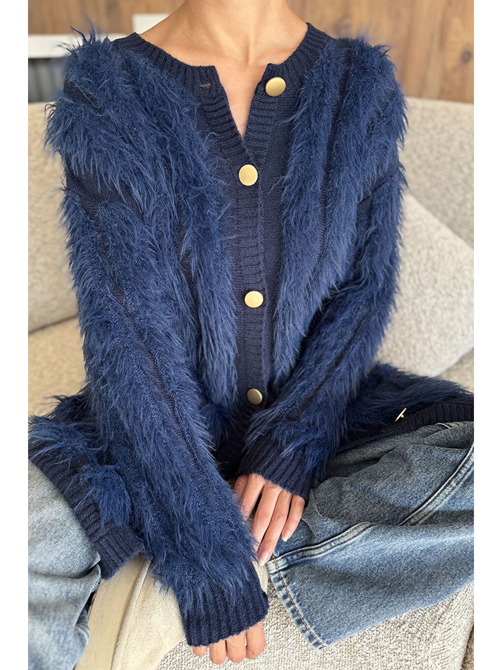 Lacivert Kadın Sakallı Triko Hırka-1