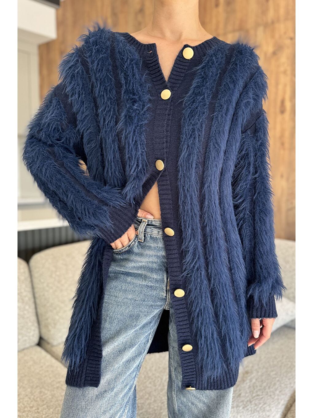 Lacivert Kadın Sakallı Triko Hırka-2