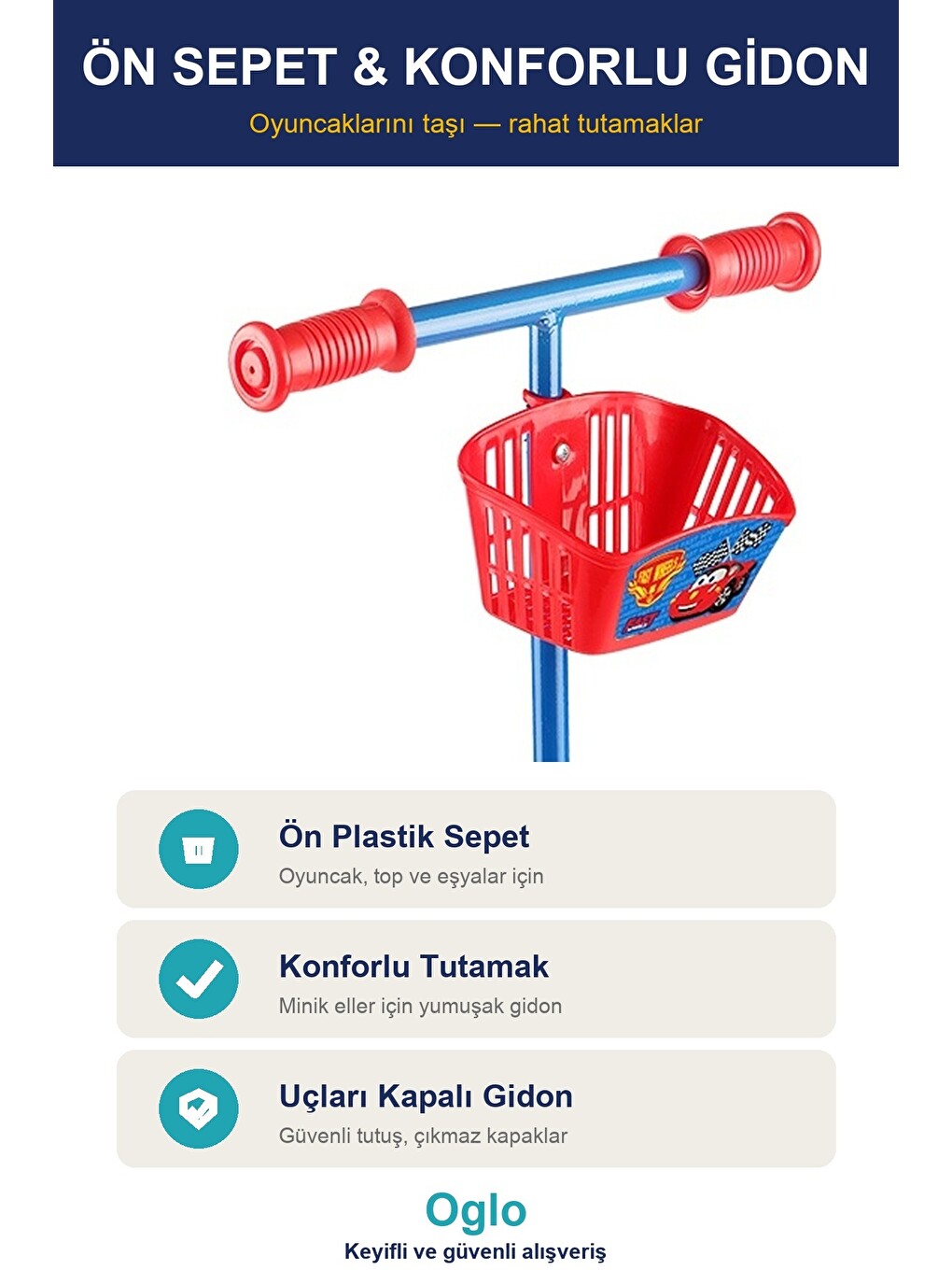Çocuk Scooter 3 Tekerlekli Frenli Sepetli — Dengeli İlk Scooter, Ayarlanabilir Gidon 3+ Yaş-3
