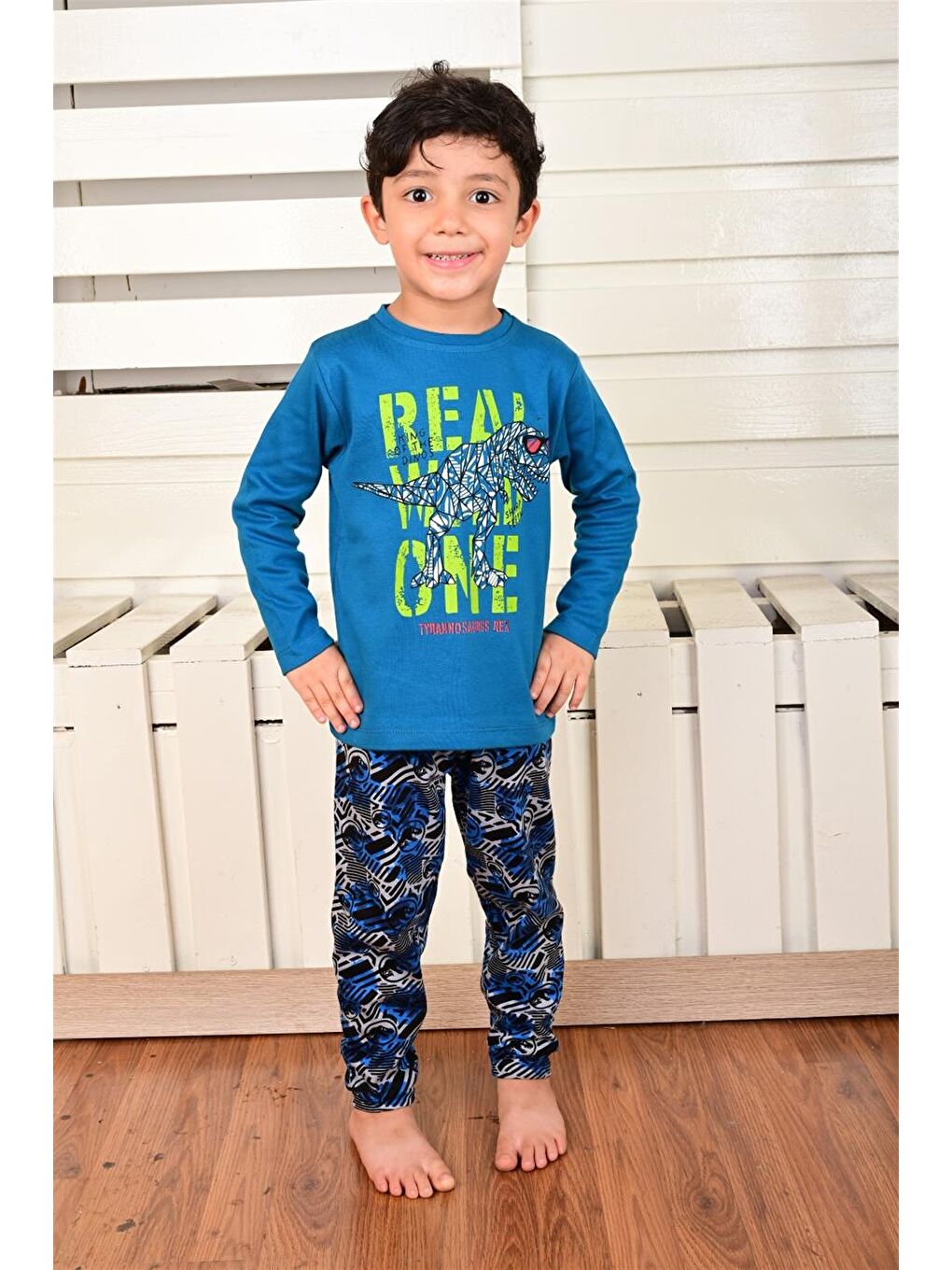 Erkek Çocuk Uzun Kollu Pijama Takımı Dino Rex İndigo-1