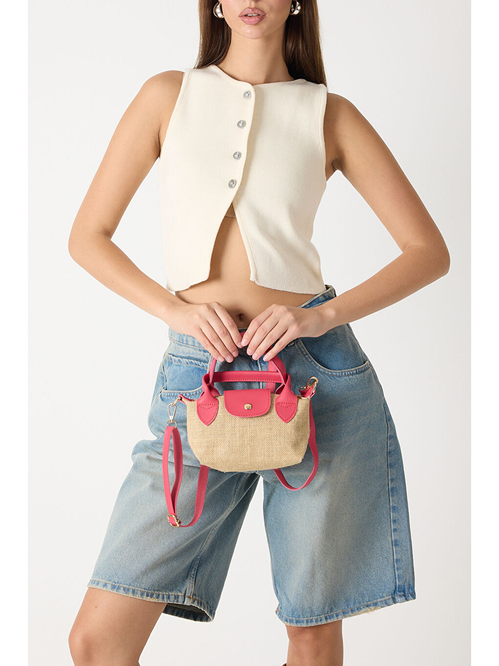 Kadın Fuşya Mini Boy Askılı Hasır El ve Çapraz Çanta-3