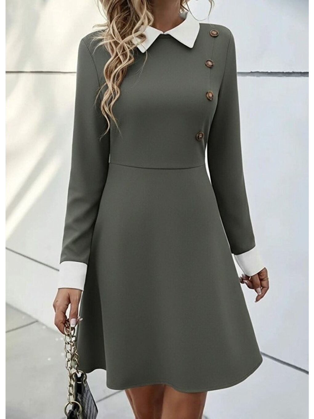 Kadın Uzun Kollu Yakalı Düğmeli çağla Yeşili Modal Mini Elbise-1