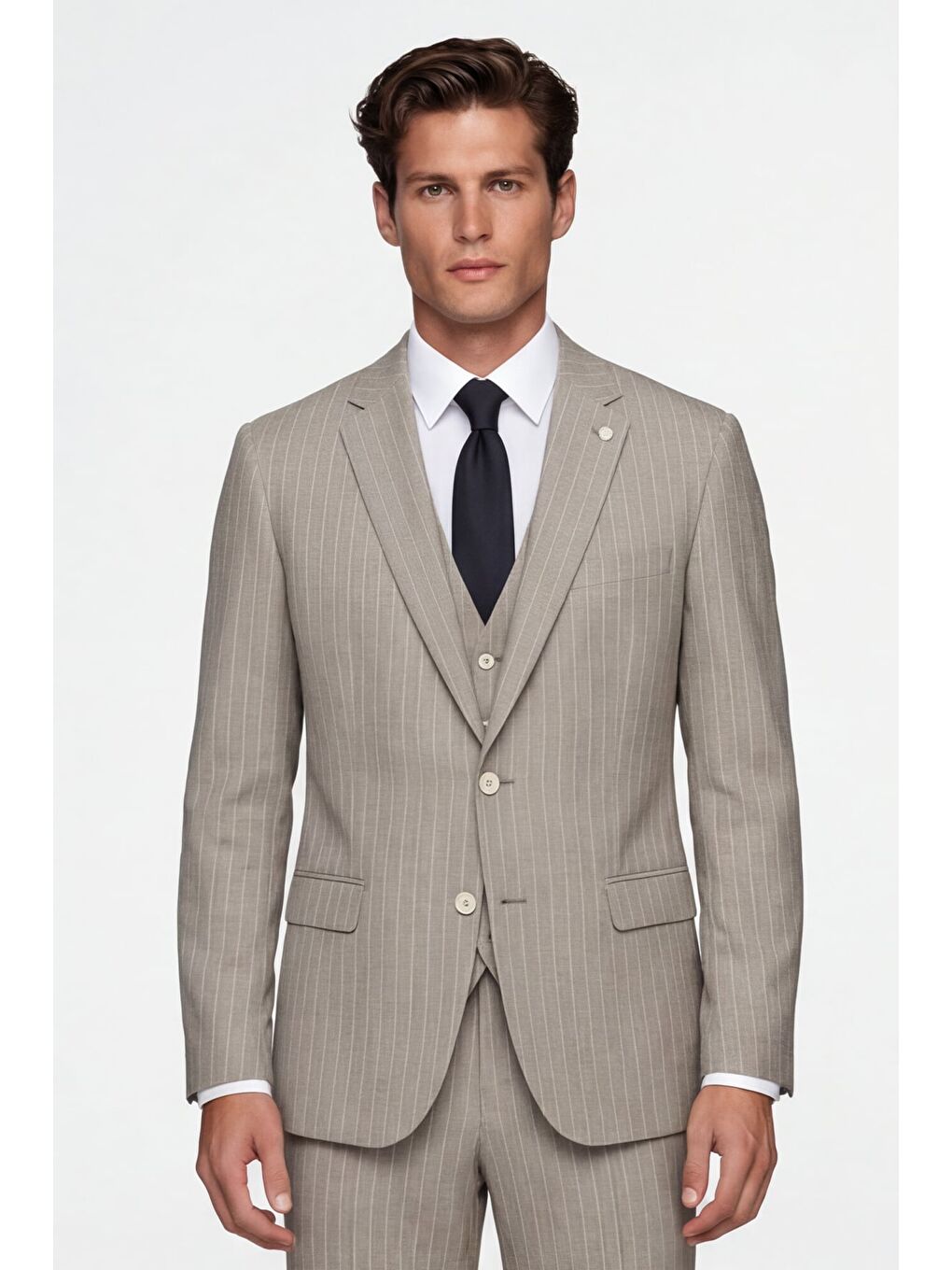 Giotelli Erkek Açık Bej Dar Kesim Slim Fit Viskon Çizgili Mono Yaka 8 Drop Yelekli Takım Elbise