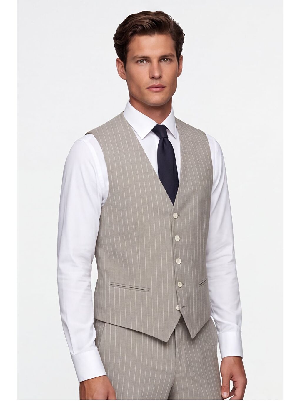 Giotelli Erkek Açık Bej Dar Kesim Slim Fit Viskon Çizgili Mono Yaka 8 Drop Yelekli Takım Elbise-1