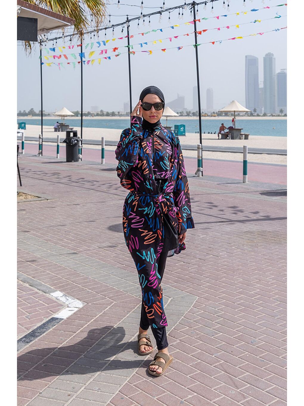 Siyah Tesettür Mayo Üzerine Tek Kaftan Kimono Pareo-1