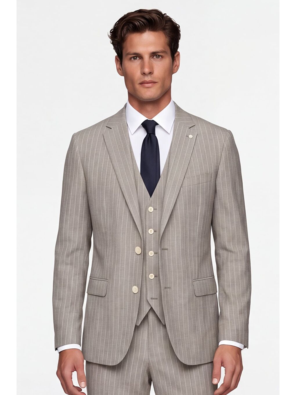 Giotelli Erkek Açık Bej Dar Kesim Slim Fit Viskon Çizgili Mono Yaka 8 Drop Yelekli Takım Elbise-2