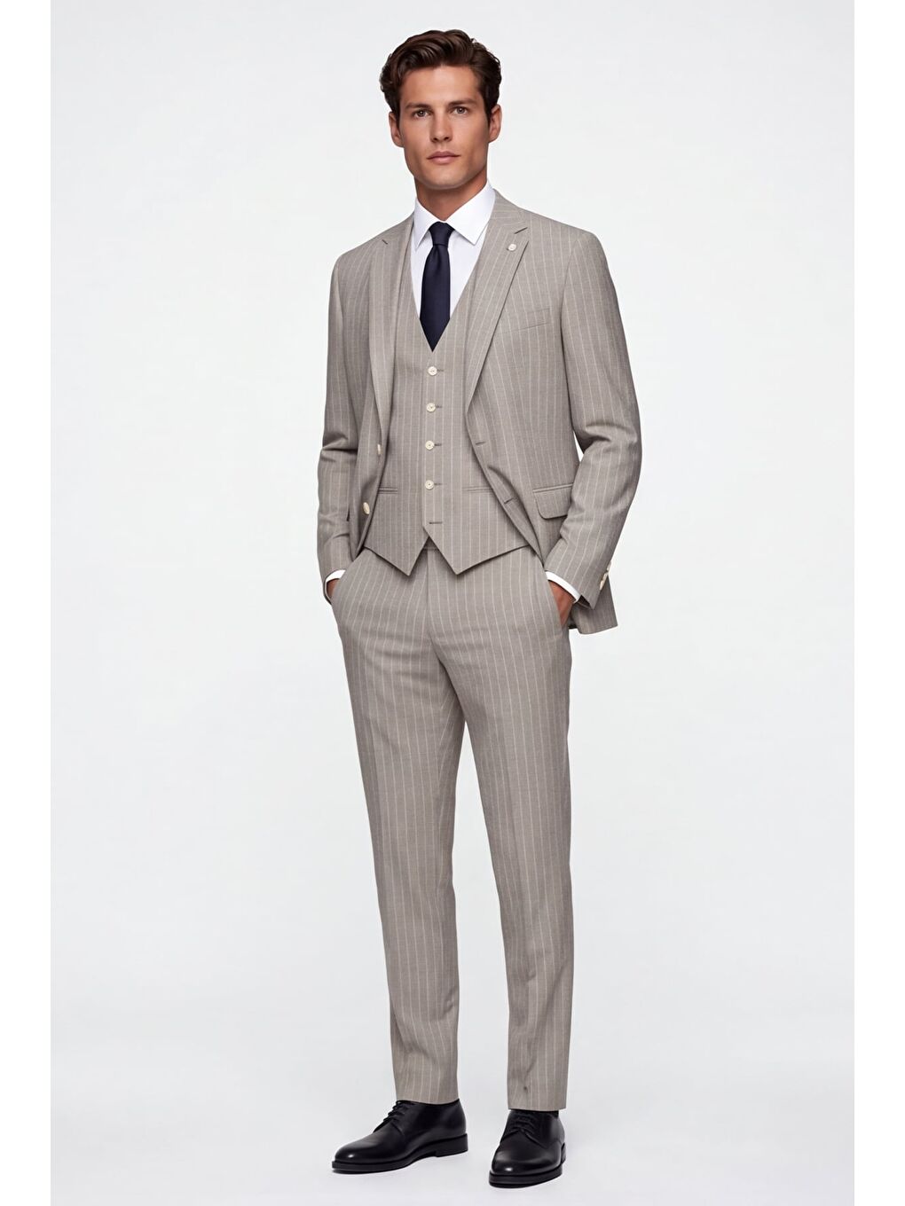 Giotelli Erkek Açık Bej Dar Kesim Slim Fit Viskon Çizgili Mono Yaka 8 Drop Yelekli Takım Elbise-3