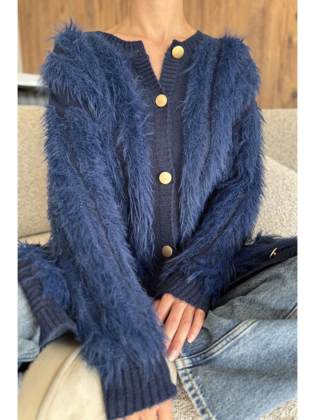 Lacivert Kadın Sakallı Triko Hırka-4