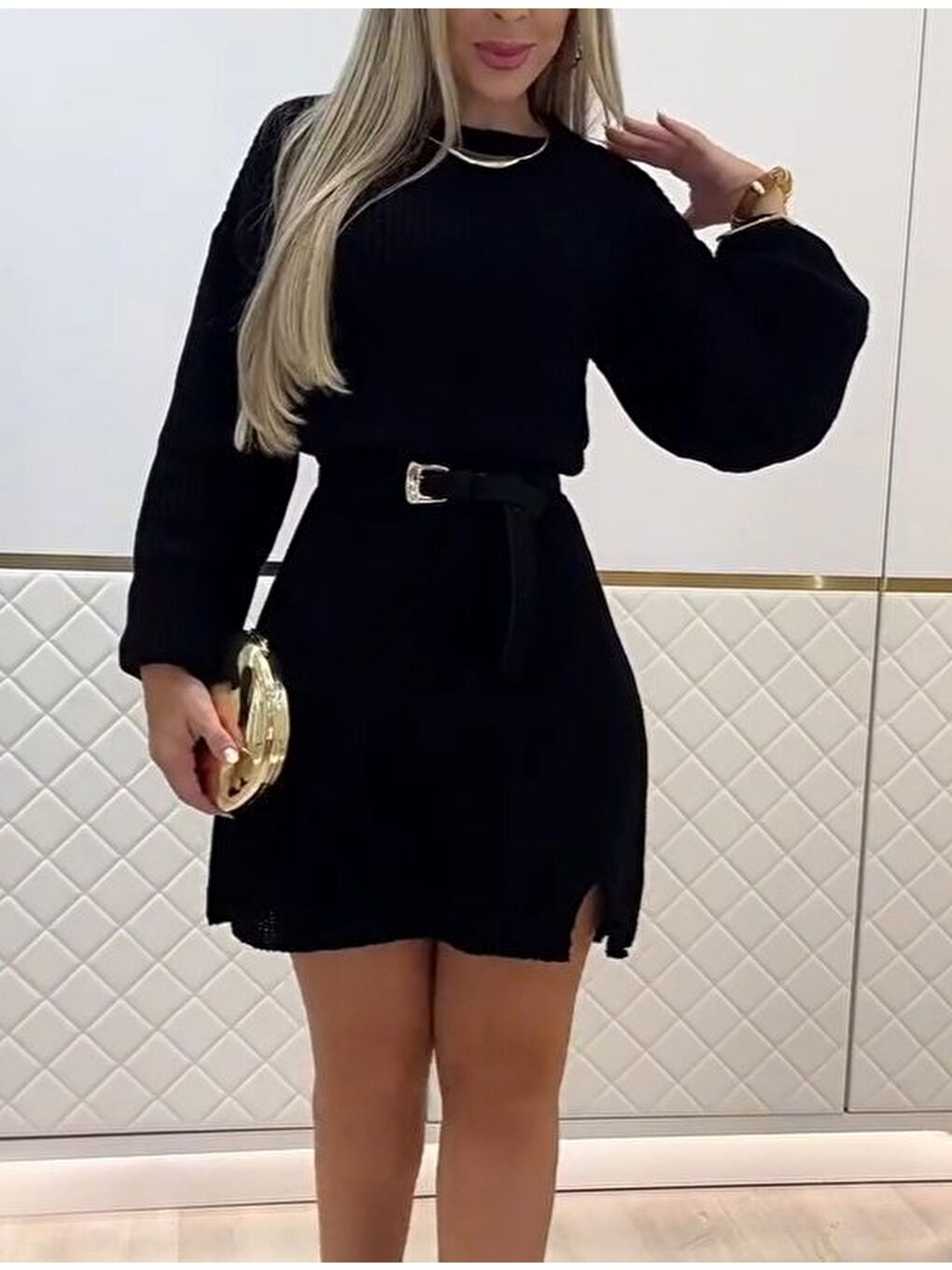 Siyah Kadın Uzun Kollu Yuvarlak Yakalı Kısa Triko Elbise-1