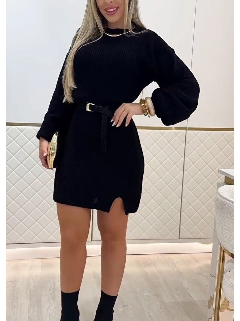 Siyah Kadın Uzun Kollu Yuvarlak Yakalı Kısa Triko Elbise-2