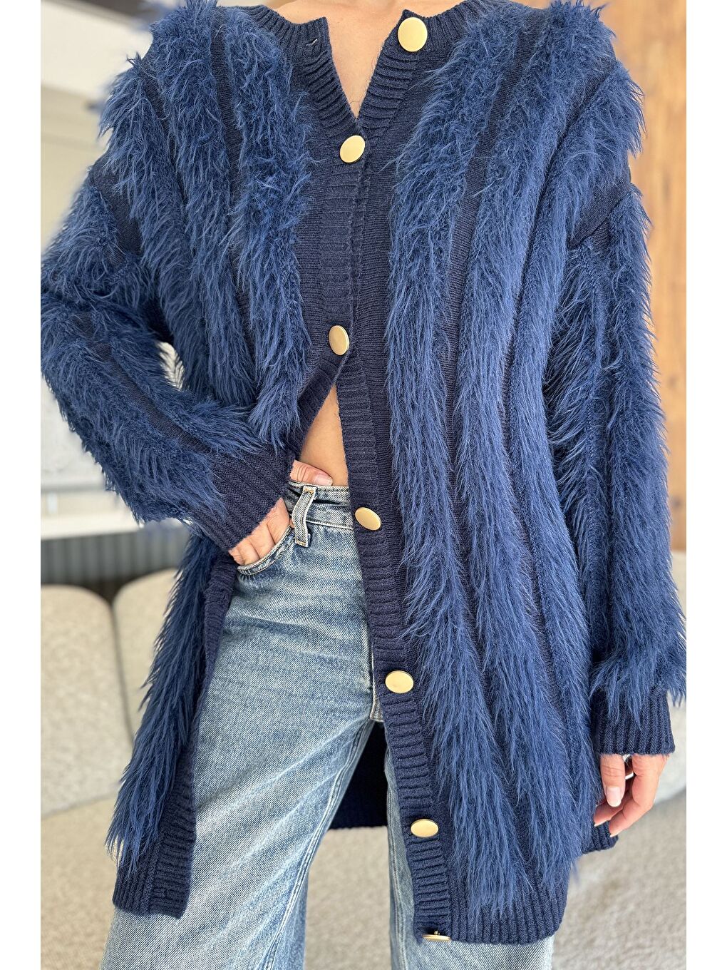 Lacivert Kadın Sakallı Triko Hırka-5