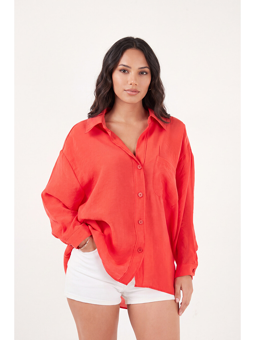 Kırmızı Modal Oversize Fit Uzun Kollu Kadın Gömlek 6834612-1