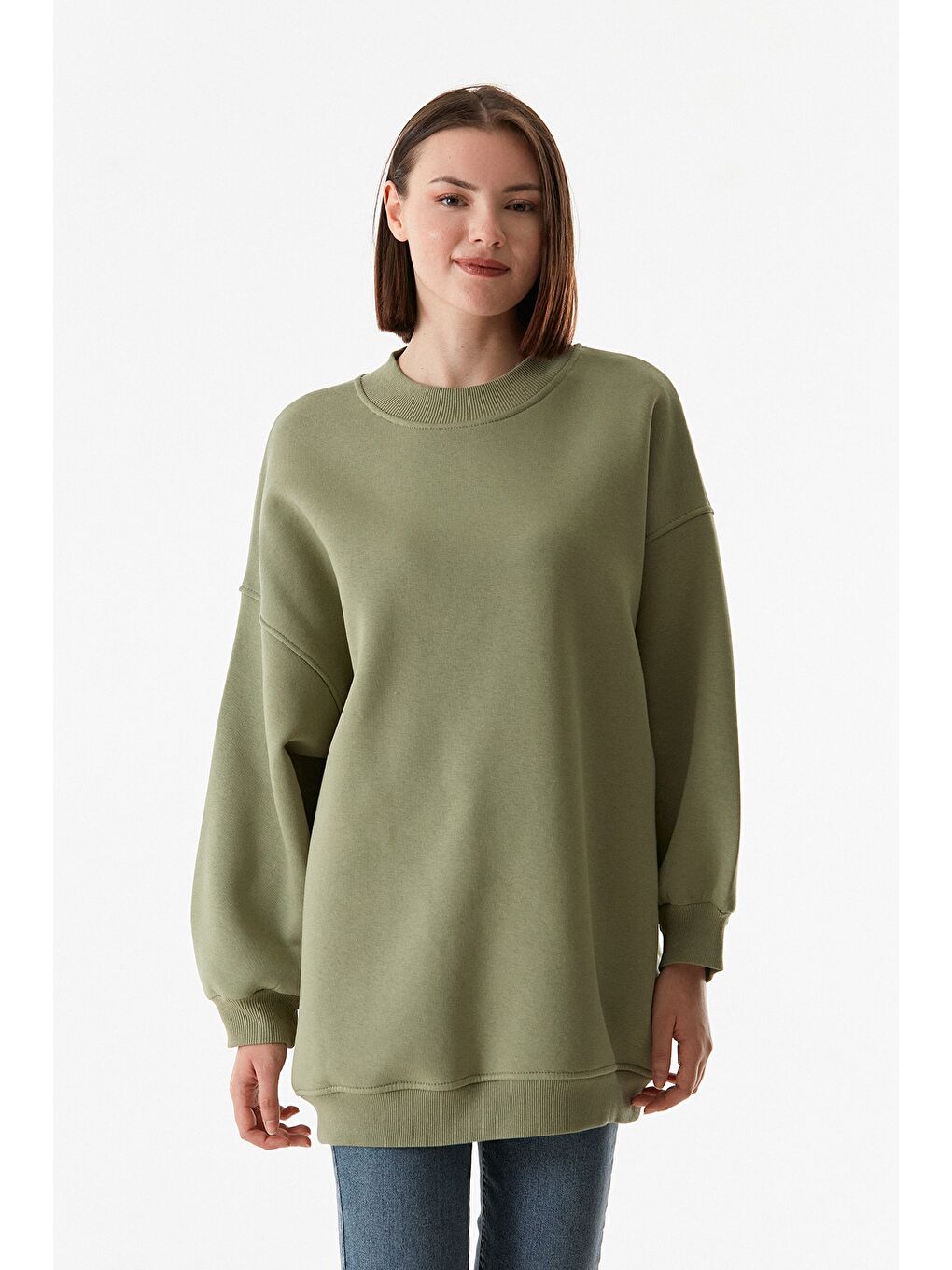 Haki Basic Bisiklet Yaka Oversize Sweatshirt