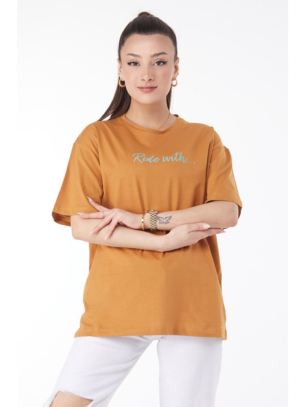 TOFİSA Taba Düz Bisiklet Yaka Kadın Taba Kısa Kollu Baskılı T-shirt - 24651