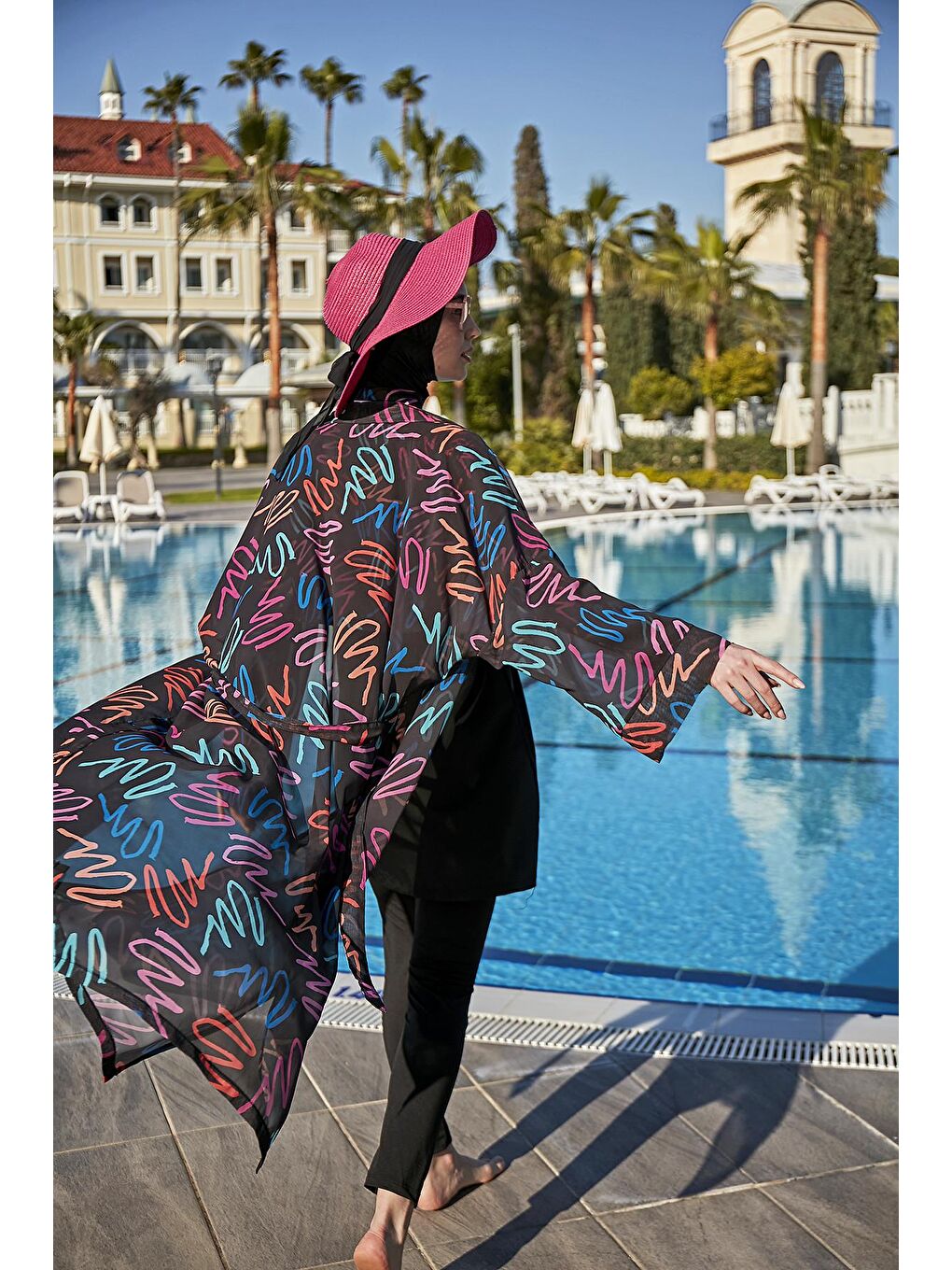 Siyah Tesettür Mayo Üzerine Tek Kaftan Kimono Pareo-3