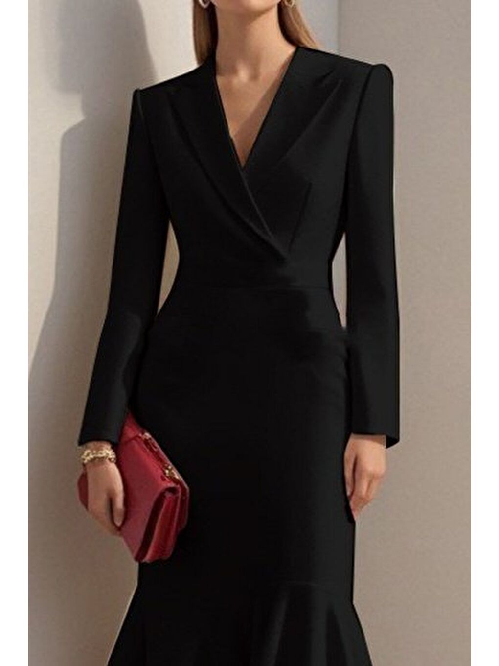 Siyah Kadın Uzun Kollu Yakalı Belden Oturtmalı Midi Ithal Krep Elbise-1