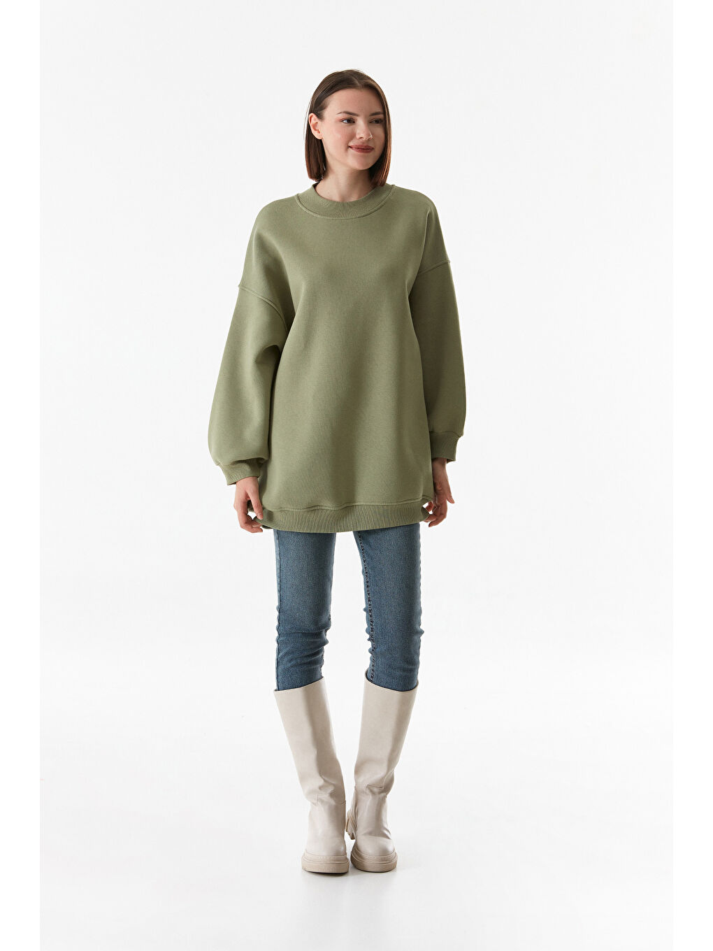 Haki Basic Bisiklet Yaka Oversize Sweatshirt-1