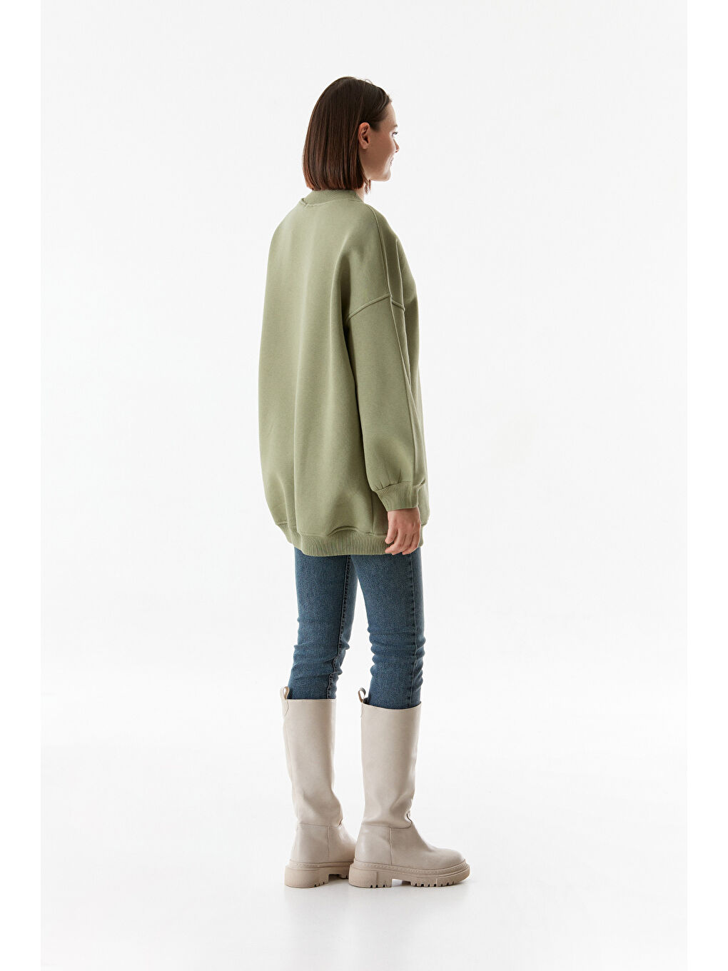 Haki Basic Bisiklet Yaka Oversize Sweatshirt-2
