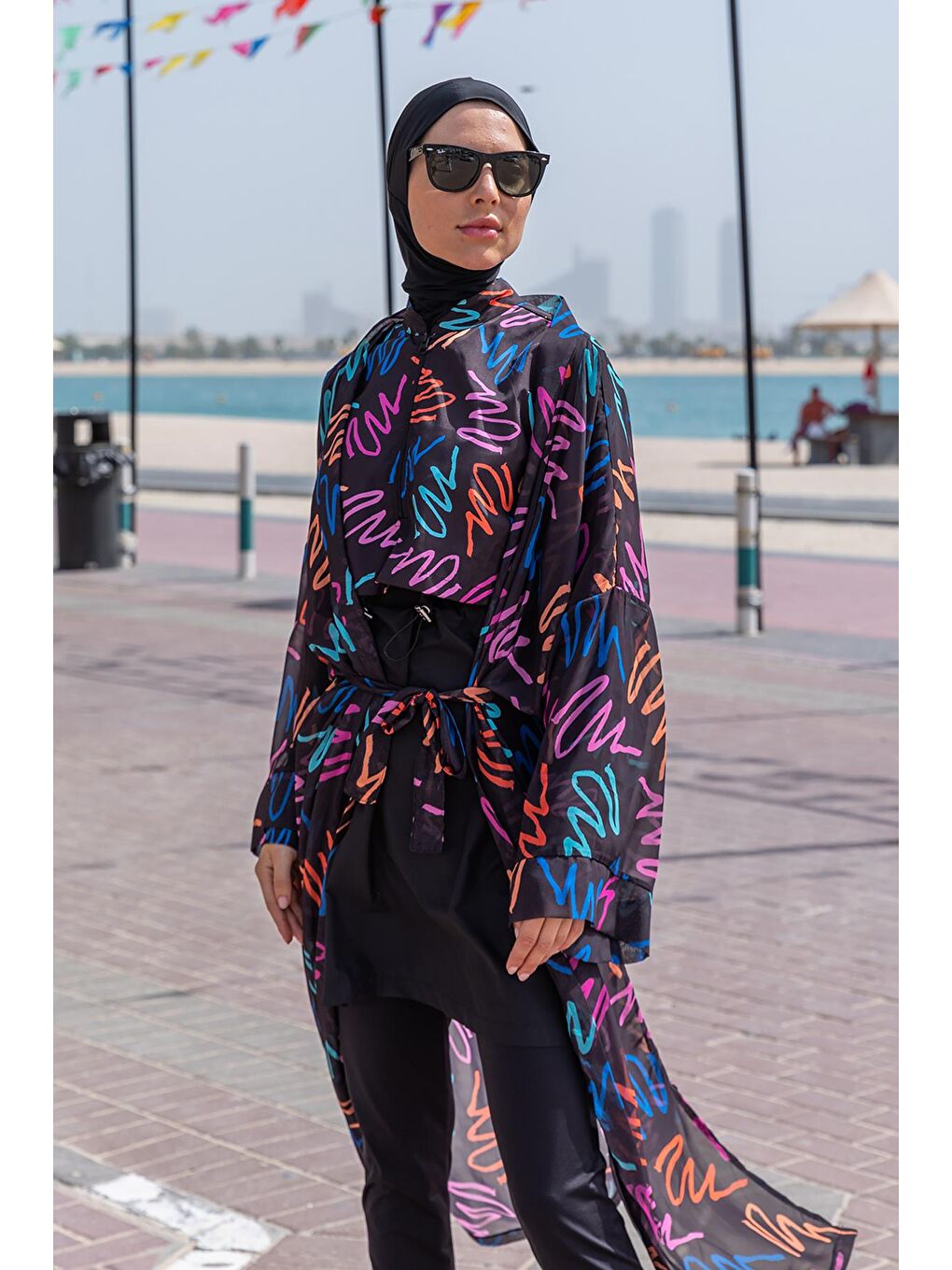 Siyah Tesettür Mayo Üzerine Tek Kaftan Kimono Pareo-4