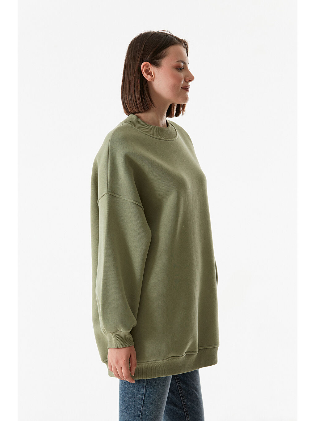 Haki Basic Bisiklet Yaka Oversize Sweatshirt-3