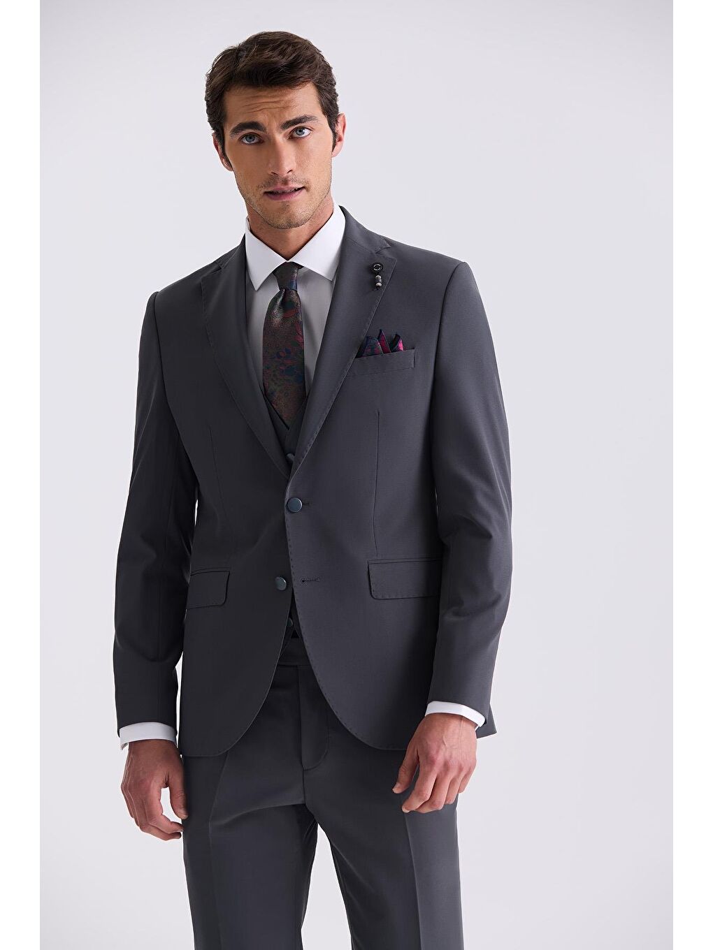 Antrasit Slim Fit Mono Yaka Yelekli Takım Elbise-1