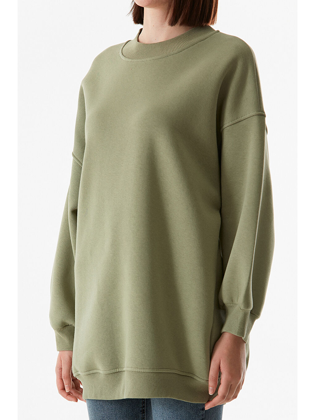 Haki Basic Bisiklet Yaka Oversize Sweatshirt-4