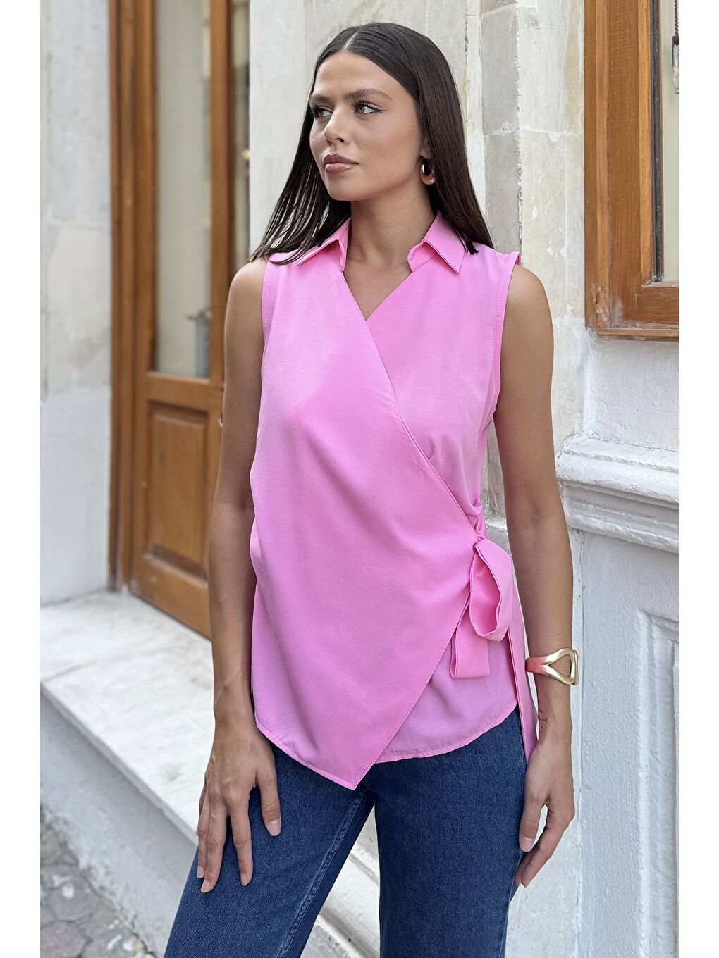 Pembe Kadın Kruvaze Yaka Yan Bağlama Detaylı Bluz-1