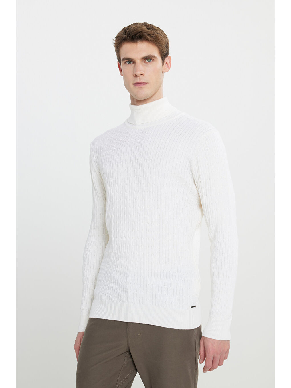 Erkek Ekru Yünlü Sıcak Tutan Standart Fit Normal Kesim Saç Örgü Desenli Triko Kazak-2