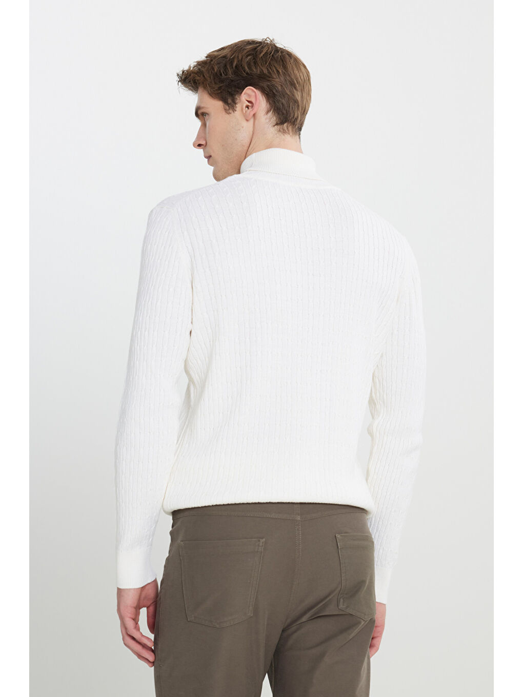 Erkek Ekru Yünlü Sıcak Tutan Standart Fit Normal Kesim Saç Örgü Desenli Triko Kazak-4